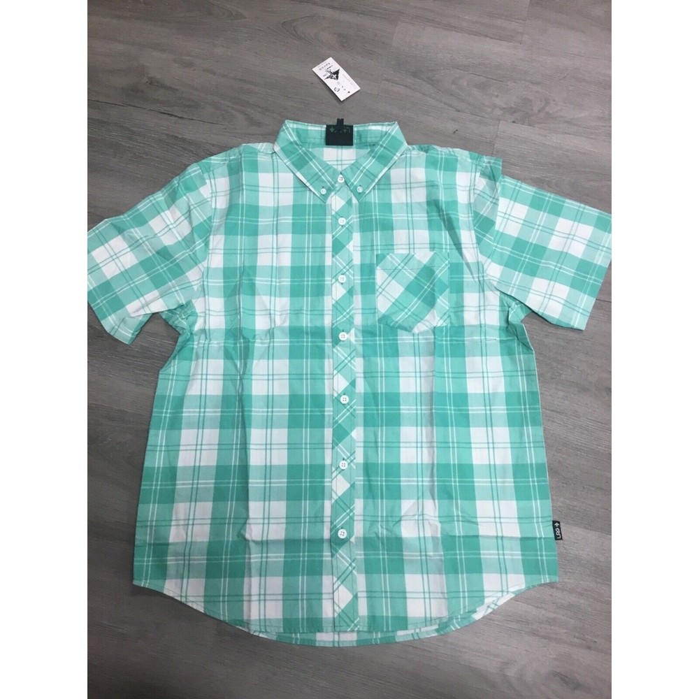 LIFTED RESEARCH GROUP MINT GREEN/WHITE PLAID BUTTON DOWN SHIRT SIZE MEDIUM MENS